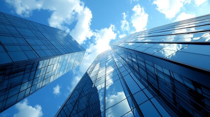Aufkleber - Modern skyscrapers towering against a blue sky with scattered clouds and reflective glass surfaces : Generative AI