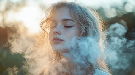 Poster - In a tranquil setting at twilight, a young woman with soft features stands enveloped in ethereal mist, her eyes closed in peaceful contemplation amidst nature's beauty