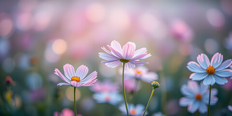 Wall Mural - Pink spring flowers on meadow, blurry sunlight background and dreamy artistic bokeh lush foliage. Picturesque cosmos floral nature, amazing sunlight, love happiness mood. Spring summer meadow field