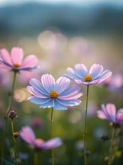 Wall Mural - Pink spring flowers on meadow, blurry sunlight background and dreamy artistic bokeh lush foliage. Picturesque cosmos floral nature, amazing sunlight, love happiness mood. Spring summer meadow field