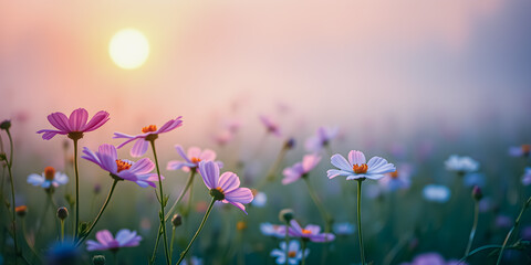 Wall Mural - Pink spring flowers on meadow, blurry sunlight background and dreamy artistic bokeh lush foliage. Picturesque cosmos floral nature, amazing sunlight, love happiness mood. Spring summer meadow field
