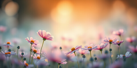 Wall Mural - Pink spring flowers on meadow, blurry sunlight background and dreamy artistic bokeh lush foliage. Picturesque cosmos floral nature, amazing sunlight, love happiness mood. Spring summer meadow field