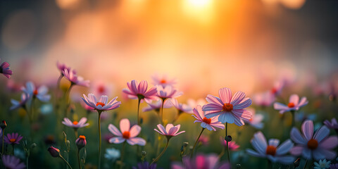 Wall Mural - Pink spring flowers on meadow, blurry sunlight background and dreamy artistic bokeh lush foliage. Picturesque cosmos floral nature, amazing sunlight, love happiness mood. Spring summer meadow field