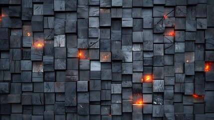 Poster - Creative abstract composition of charred and burnt wooden blocks arranged in a mosaic pattern glowing with red embers and a moody atmospheric lighting