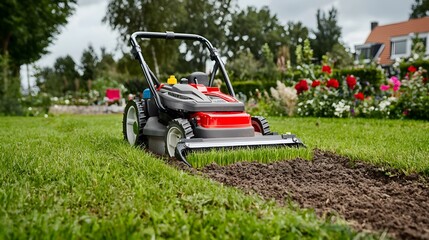 Aufkleber - Cross sectional Diagram Illustrating the Mechanics of a Lawnmower Blade Cutting and Trimming Grass Beneath the Soil Surface in a Garden or Yard Setting