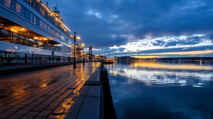 Wall Mural - Stunning riverside scene at twilight with reflections of lights on calm water : Generative AI