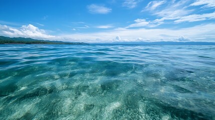 Wall Mural - Clear tranquil ocean water with gentle waves reflecting the pristine blue sky and distant green mountains : Generative AI