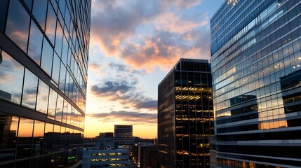 Poster - Stunning Urban Sunset Reflected in Modern Glass Buildings Creating an Aesthetic Cityscape : Generative AI