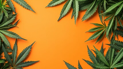 Poster - Cannabis leaves arranged on a vibrant orange background creating a striking visual contrast