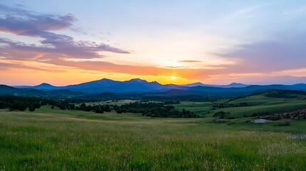 Poster - majestic sunset over mountain range with rolling hills and lush fields showcasing tranquil nature sc