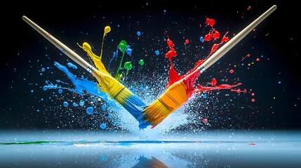 Aufkleber - High Speed Capture of Two Colliding Paintbrushes Creating a Dramatic Explosion of Vibrant Color Splatter and Liquid Droplets