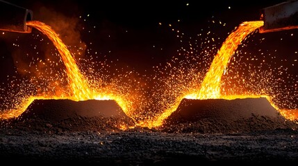 Leinwandbilder - Image of Molten Metal Being Poured into a Sand Mold Glowing Bright Orange with Sparks Flying in an Industrial Manufacturing or Foundry Setting