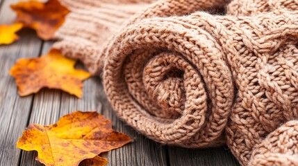 Aufkleber - Close up of a rolled knitted scarf and autumn leaves showcasing seasonal textile fashion : Generative AI