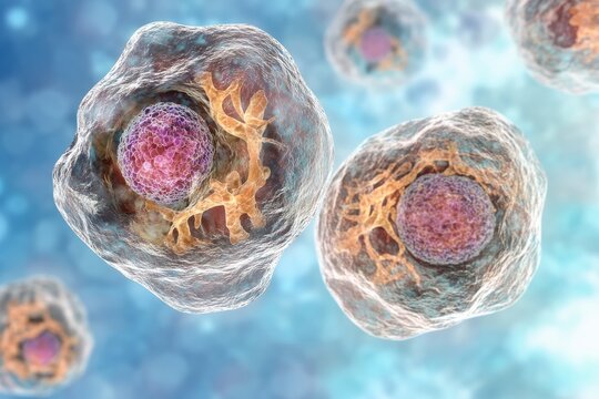 A 3D illustration of semi-transparent biological cells floating in a blue environment