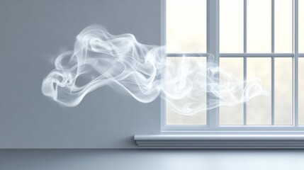 Poster - Soft wisps of smoke drift effortlessly through the sunlight streaming in from an open window, casting an enchanting ambiance in a serene space. The gentle movement evokes a sense of calm