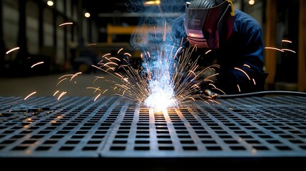Fototapete - Motion blurred capture showcasing the intense sparks and smoke from a welder s torch in an industrial workshop setting with a worker visible in the background
