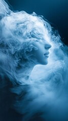 Aufkleber - Wisps of soft blue smoke swirl elegantly, forming the serene silhouette of a woman's face. The ethereal scene captures a dreamlike quality, evoking sensations of calmness and mystery