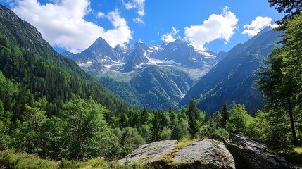 Poster - Breathtaking Mountain Landscape with Lush Green Forest and Clear Sky : Generative AI