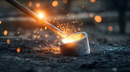 Poster - photo of a close up view of a metal casting process using an investment mold showcasing the fiery orange glow intense heat and fine details of the molten metal as it is poured and solidifies