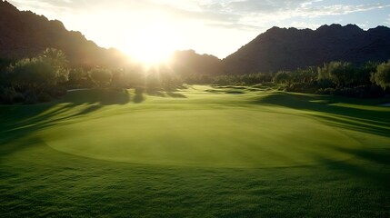 Canvas Print - Stunning Sunrise Over Green Golf Course Surrounded by Majestic Mountains : Generative AI