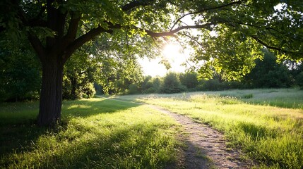 Poster - Serene Sunlit Pathway Through Lush Green Forest Captured on a Beautiful Day : Generative AI