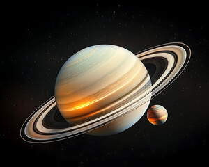 Wall Mural - Saturn and its rings with distant moon in space, showcasing cosmic beauty