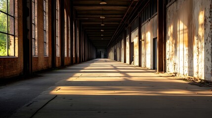 Aufkleber - Empty industrial hallway with long shadows and natural light creating a haunting atmosphere of abandonment : Generative AI