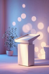 Poster - Unique modern pedestal display with soft lighting and botanical element in an artistic interior space