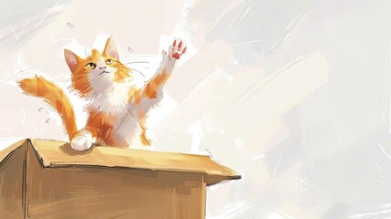 Wall Mural - A cute orange and white cat jumping out of an open cardboard box, waving its paw in the air