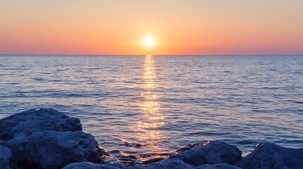 Fototapete - Serene Sunset Over Calm Ocean Waves Casting Reflection On Still Waters : Generative AI