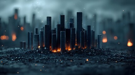 Leinwandbilder - Smoldering Skyline A Dystopian Cityscape of Charcoal and Glowing Embers captures a surreal and ominous vision of a city skyline made from stacked charcoal pieces