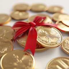 Poster - Golden Opportunity: A pile of shimmering gold coins, tied with a bright red ribbon, presents a valuable gift or financial investment.