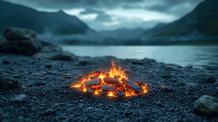 Aufkleber - Surreal and modern bonfire scene with neon colored embers casting a serene futuristic glow across a dramatic atmospheric landscape of mountains water and cloudy skies