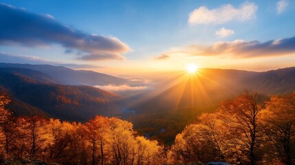Poster - Beautiful Sunlit Autumn Landscape with Colorful Foliage and Mountains : Generative AI