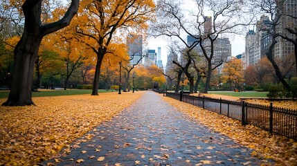 Aufkleber - Autumn pathway in a park with vibrant orange and yellow leaves on the ground : Generative AI
