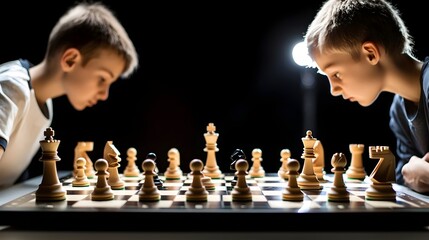 Aufkleber - Two chess players deeply engrossed in an intense match their eyes fixed on the game board as they plan their next strategic move under the spotlight s glow