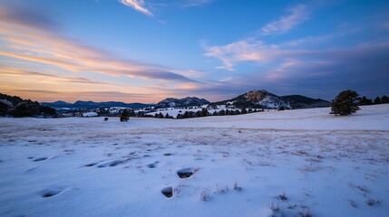 Poster - Scenic winter landscape of snow covered mountains and clouds at sunset in the serene countryside : Generative AI