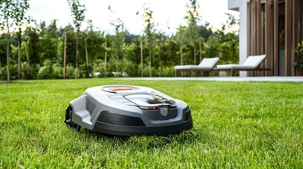 Aufkleber - Wide angle view of an automated robotic lawnmower efficiently trimming the grass in a sleek modern backyard setting  The intelligent device navigates the lawn autonomously