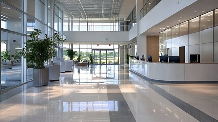 Aufkleber - Modern office lobby with large windows and polished marble floors designed for corporate settings : Generative AI