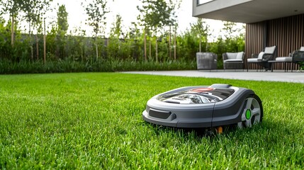 Aufkleber - Wide angle view of an automated robotic lawnmower trimming the grass in a modern well manicured backyard  The futuristic intelligent machine navigates the green lawn