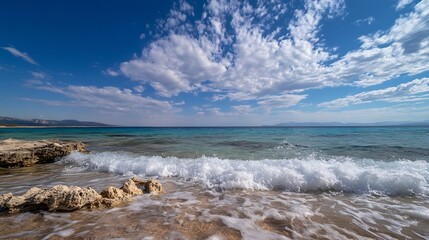 Poster - Coastal View with Gentle Waves Lapping Against Rocks Under Bright Sky : Generative AI
