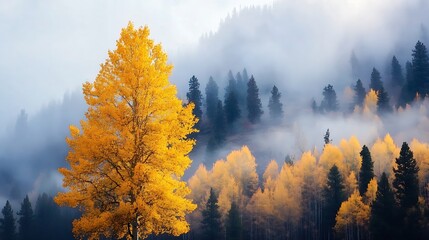 Poster - Stunning Autumn Landscape with Vibrant Yellow Tree and Misty Forest Background : Generative AI