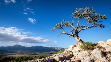 Aufkleber - Stunning Isolated Tree on Rocky Hill Against Clear Blue Sky in Nature Landscape : Generative AI