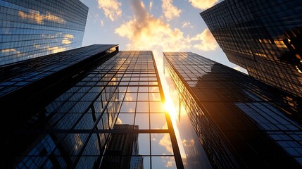Aufkleber - Modern Skyscrapers Reflecting Colors of a Bright Sky at Sunset Showing Urban Landscape : Generative AI
