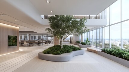 Wall Mural - Modern Office Interior with Greenery and Large Windows Offering City Views : Generative AI