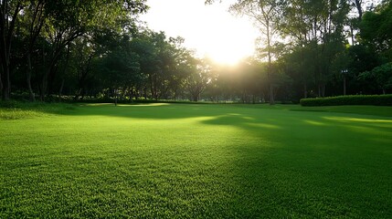 Wall Mural - Beautiful green lawn illuminated by the warm rays of the rising sun : Generative AI