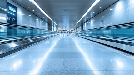Poster - Futuristic Airport Terminal Interior with Bright LED Lighting and Moving Walkway : Generative AI