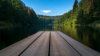 Canvas Print - Scenic lake view with tranquil dock reflecting serene landscape : Generative AI