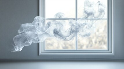 Poster - Delicate tendrils of smoke drift gracefully through the open window, casting a soft veil of mystery as sunlight streams into the serene room, enhancing its peaceful atmosphere