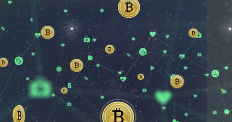 Poster - Image of bitcoin icons and digital data processing with connections